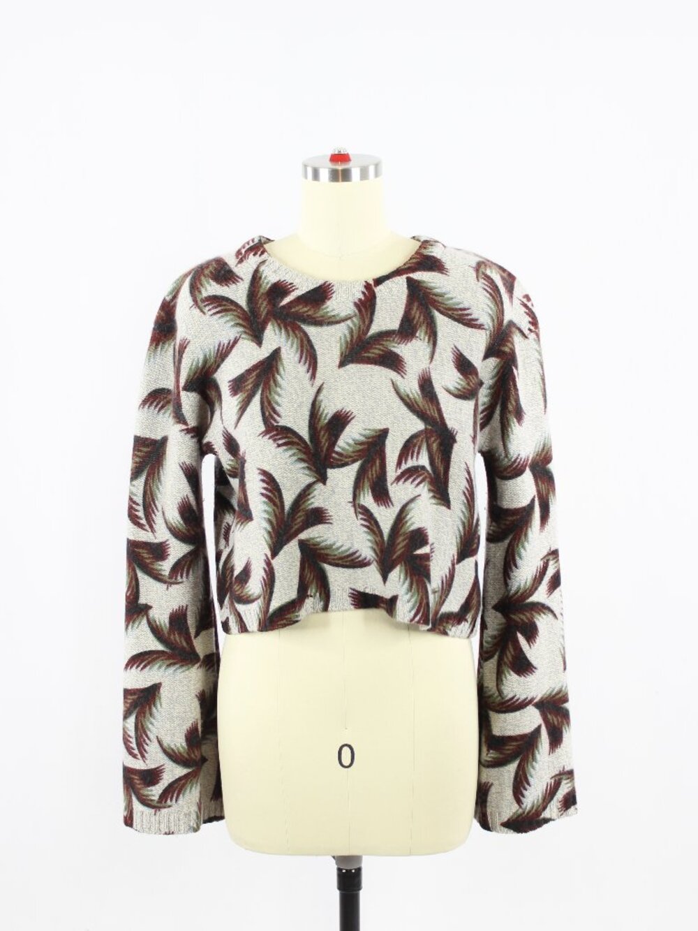 ALC Grey Leaf Print 100% Cashmere Knit Cropped Bell Sleeve Sweater, Size S